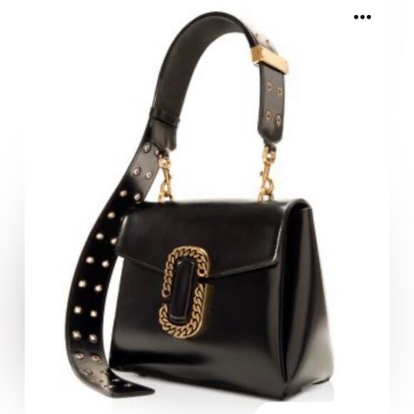 NEW Marc Jacobs Black  Polished Leather Double J St Marc Satchel Crossbody - Picture 1 of 16